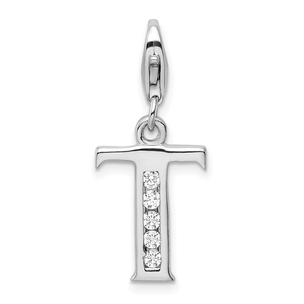 Carat in Karats Sterling Silver Polished Rhodium-Plated Cubic Zirconia Letter T Initial With Fancy Lobster Clasp Charm Pendant (.5 In x 12mm)