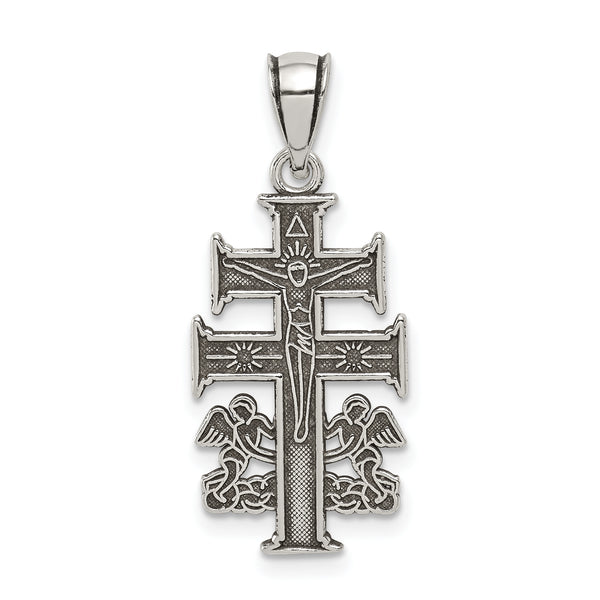 Carat in Karats Sterling Silver Antiqued Caravaca Double Cross With Angels Crucifix Charm Pendant (20.63 mm x 12.4 mm)