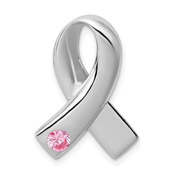 Sterling Silver Anti-Tarnish Treated Pink CZ Awareness Ribbon Pendant (0.91 Inches x Inches 0.63)