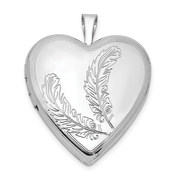 Carat in Karats Sterling Silver Polished Finish Rhodium-Plated Feather Design Heart Locket Pendant (25mm x 19.5mm)