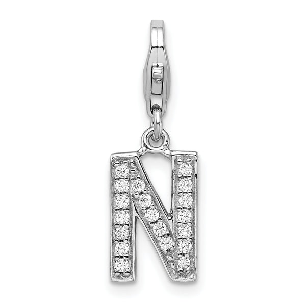 Carat in Karats Sterling Silver Polished Rhodium-Plated Cubic Zirconia Letter N Initial With Fancy Lobster Clasp Charm Pendant (0.43 Inch x 0.31 Inch)