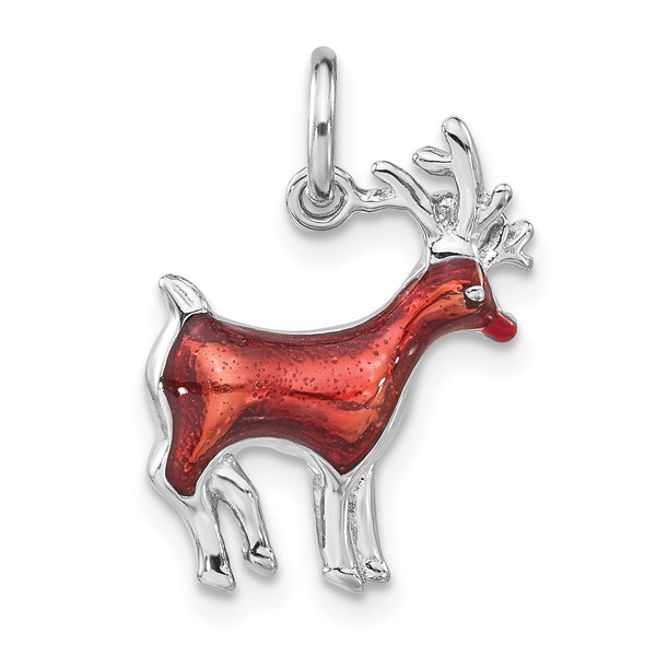 Carat in Karats Sterling Silver Polished Finish Brown Red Enameled Reindeer Charm Pendant (22mm x 15mm)