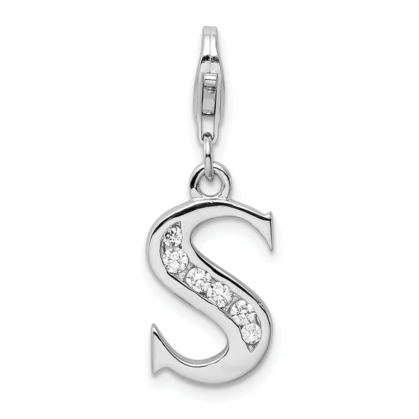 Carat in Karats Sterling Silver Polished Rhodium-Plated Cubic Zirconia Letter S Initial With Fancy Lobster Clasp Charm Pendant (.5 In x 12mm)