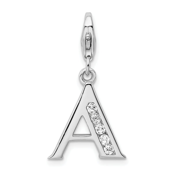 Carat in Karats Sterling Silver Polished Finish Rhodium-Plated CZ Letter A Initial Charm With Fancy Lobster Clasp Pendant (33mm x 12mm)