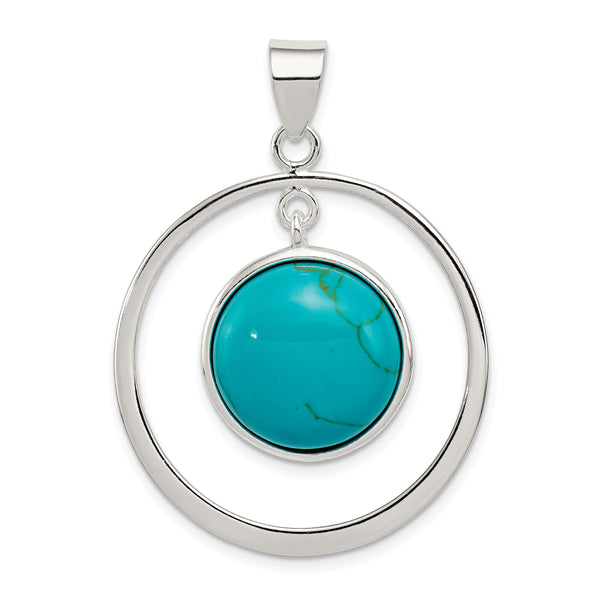 Carat in Karats Sterling Silver Polished Finish Circle Turquoise Charm Pendant (42mm x 31mm)