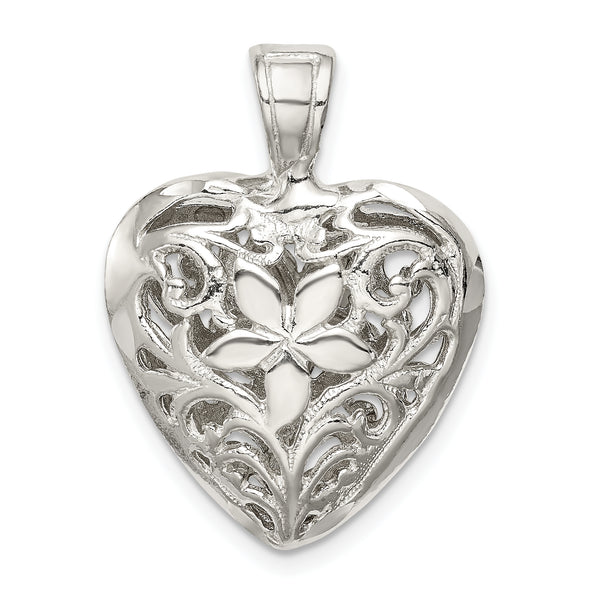 Carat in Karats Sterling Silver Polished Finish Filigree Floral Heart Charm Pendant (25mm x 18mm)